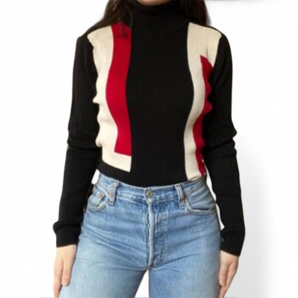90's Colorblock Red, White, & Black Turtleneck, Ribbed Sweater. Small. - Picture 3 of 7